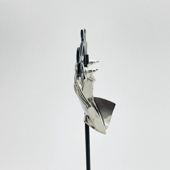 Berebi Signed Blue Enamel Triangle Earrings Textured Silver Tone Curved Zig Zag - Picture 8 of 11